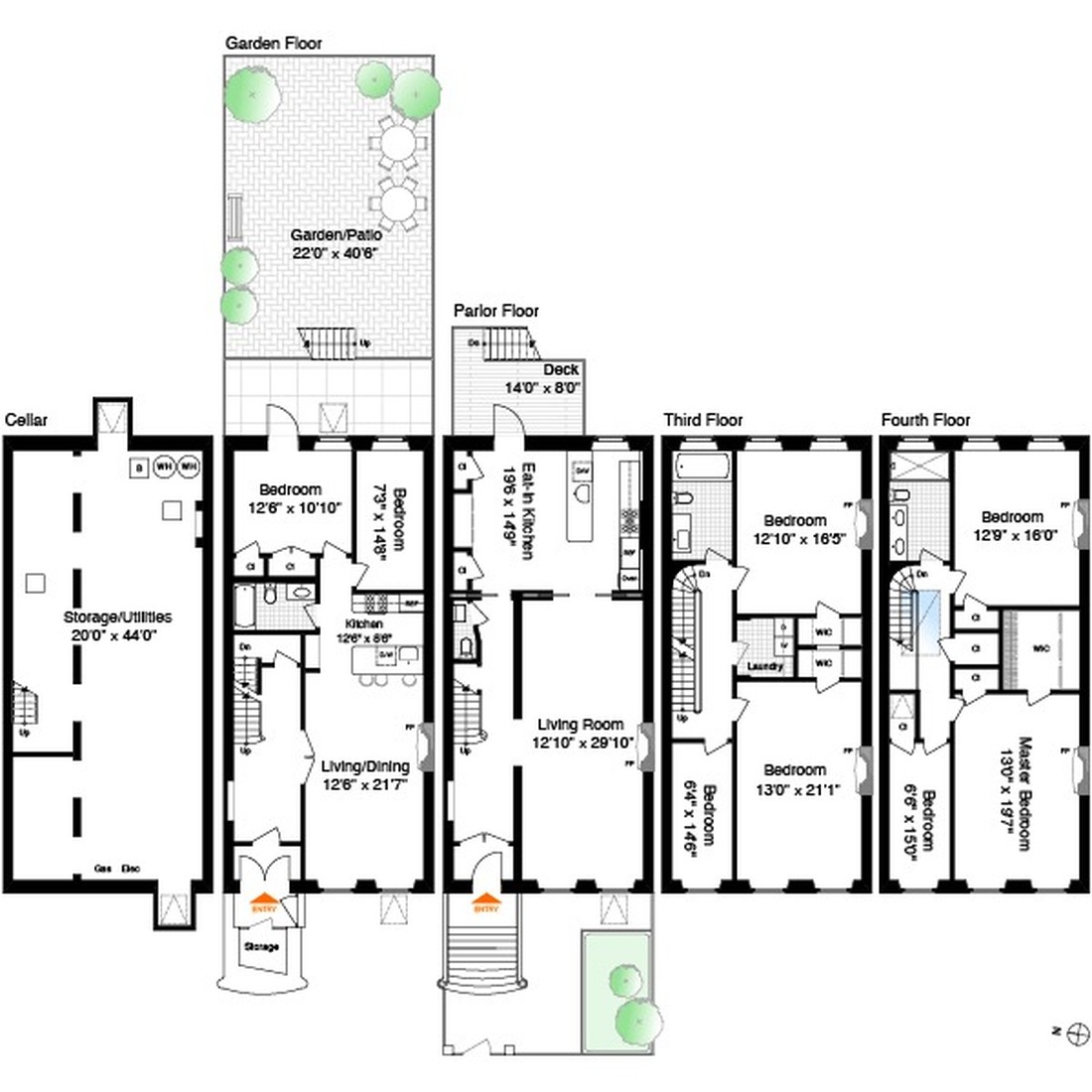 Floor plans, garden through fourth floor, Clinton Hill
