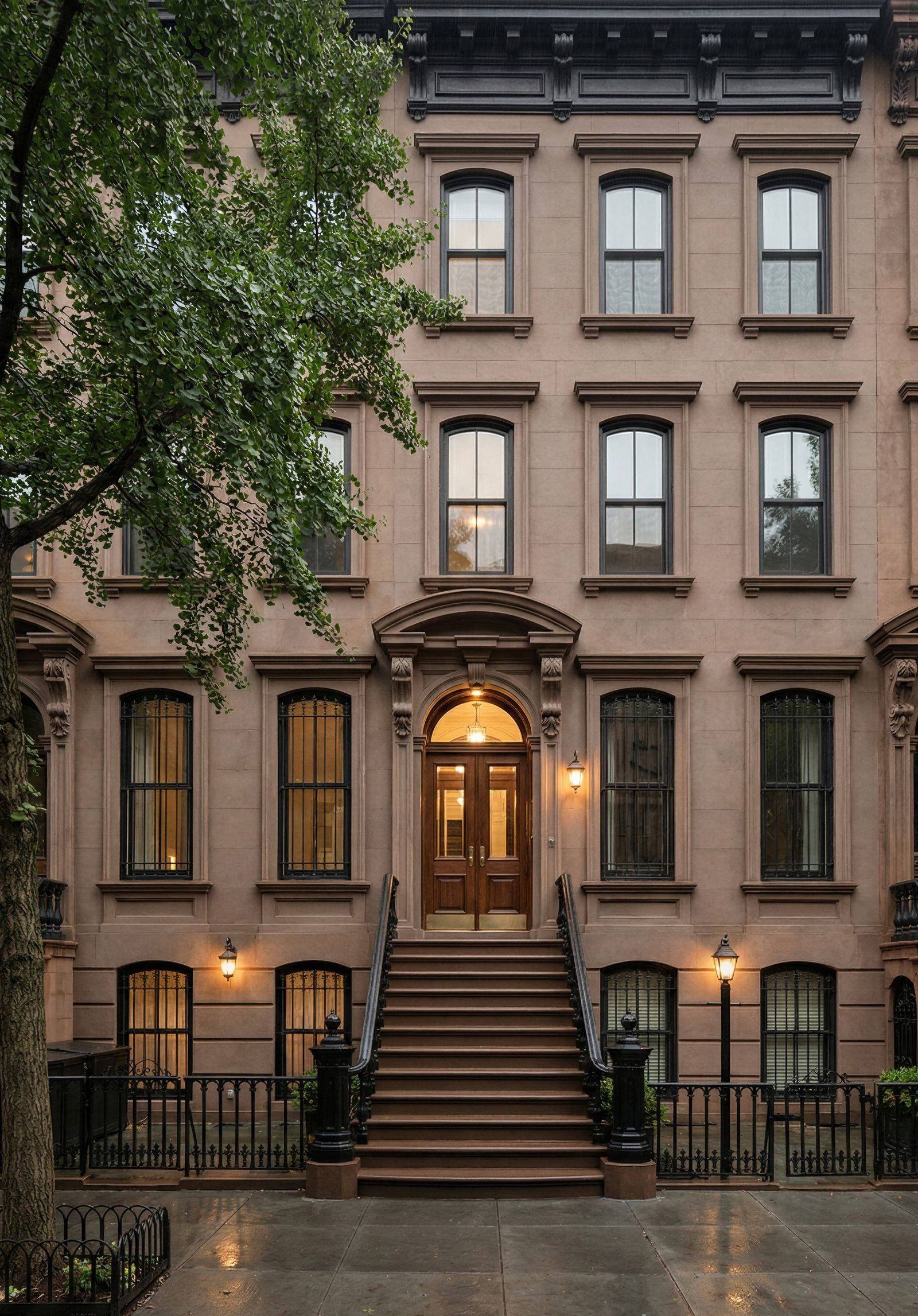Brownstone facade at dusk, Clinton Hill