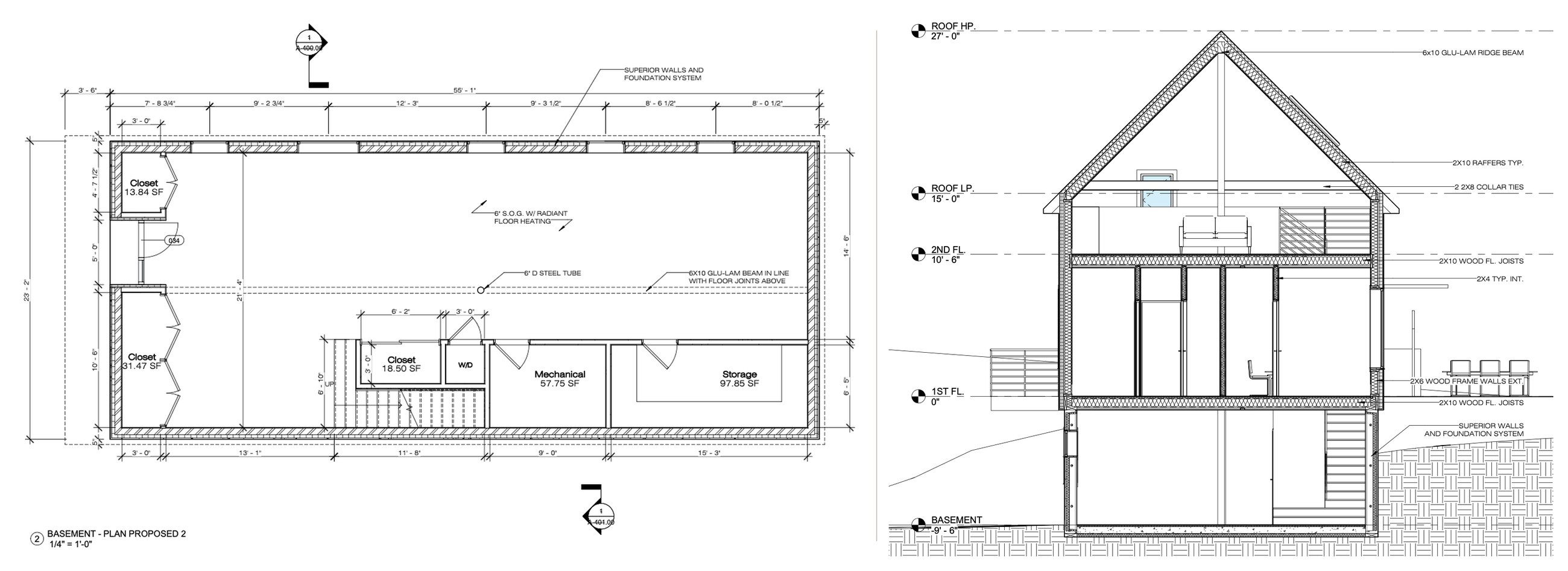Lower-level plan and building section, Rhinebeck