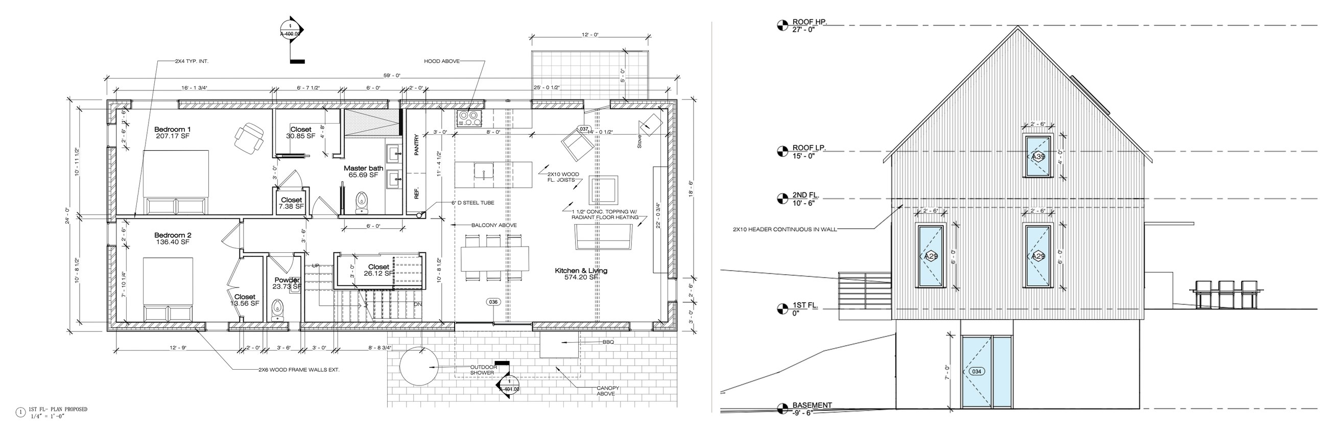 Main-floor plan and south elevation, Rhinebeck