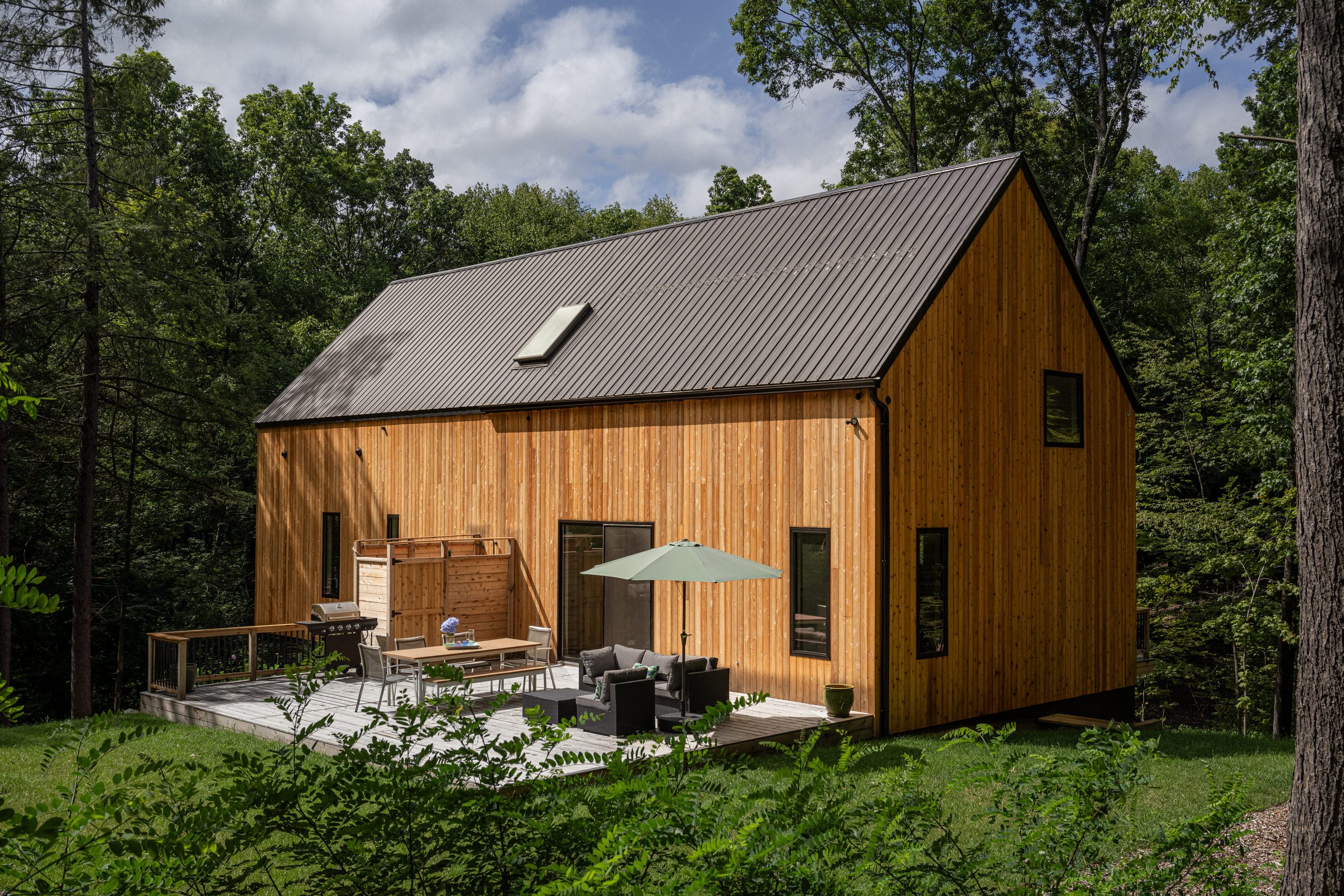 Rear elevation and deck with outdoor dining, cedar cladding under a standing-seam roof, Rhinebeck